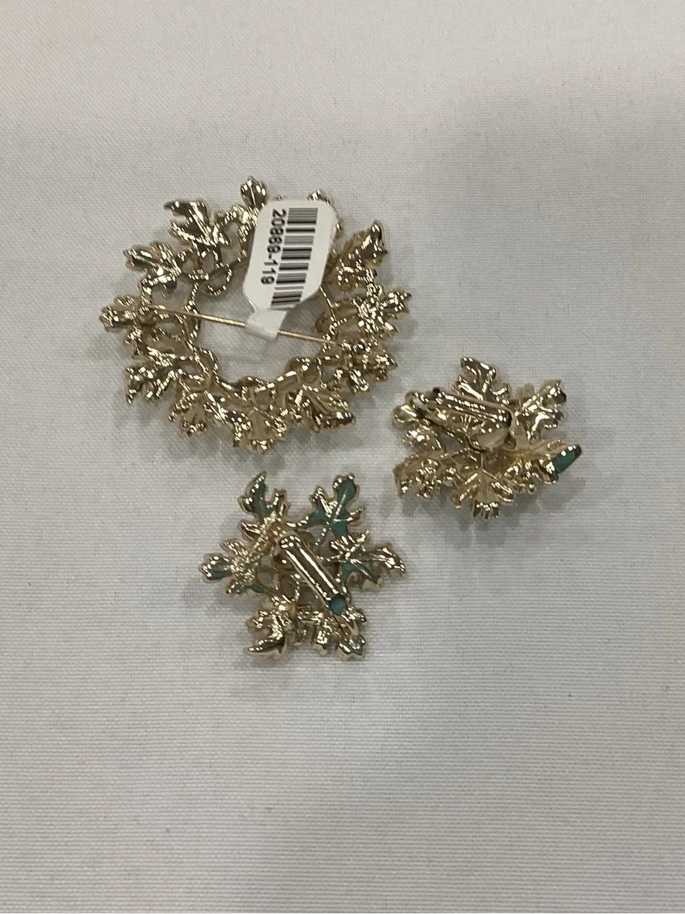 Gold and Silver Leaf Wreath Brooch and Earring Set